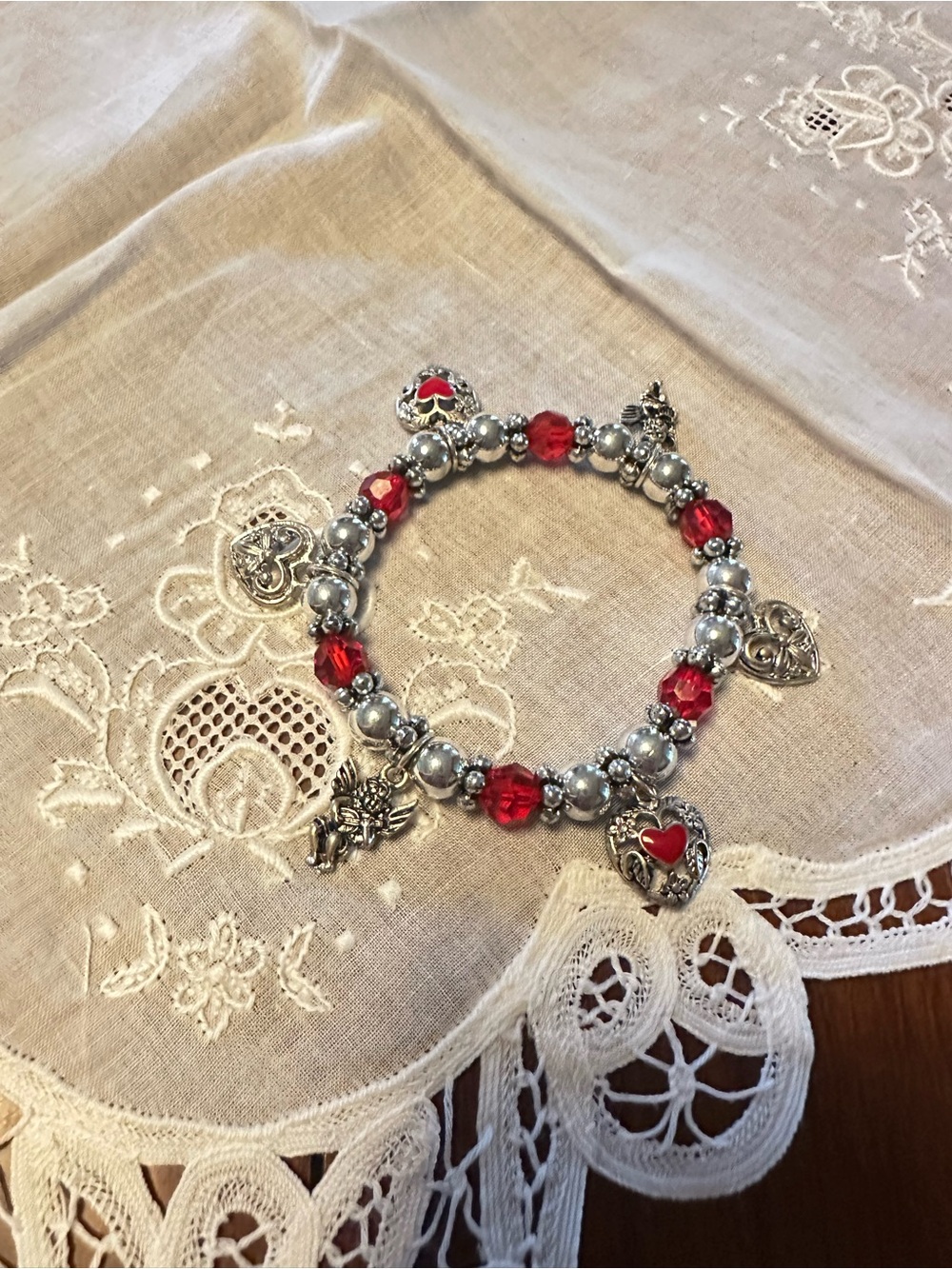 Valentine Heart Cherub Charm Bracelet Red Faceted Beads